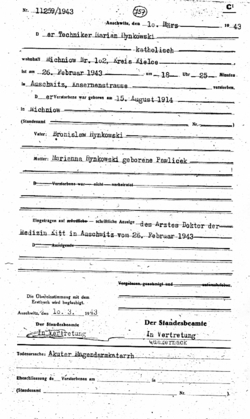 Akt zgonu Mariana Rynkowskiego mieszkańca Michniowa więźnia obozu KL Auschwitz, 10 III 1943 r. [ze zbiorów APMAB]