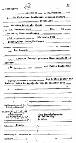 Akt zgonu obozu KL Auschwitz Władysławy Daniłowskiej, 31 XII 1943 r. [ze zbiorów APMAB]