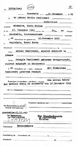 Akt zgonu obozu KL Auschwitz Feliksa Daniłowskiego, 31 XII 1943 r. [ze zbiorów APMAB]