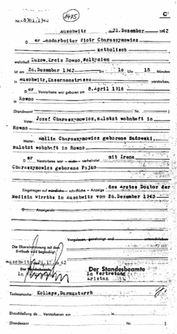Akt zgonu obozu KL Auschwitz Piotra Charasymowicza, 31 XII 1943 r. [ze zbiorów APMAB]